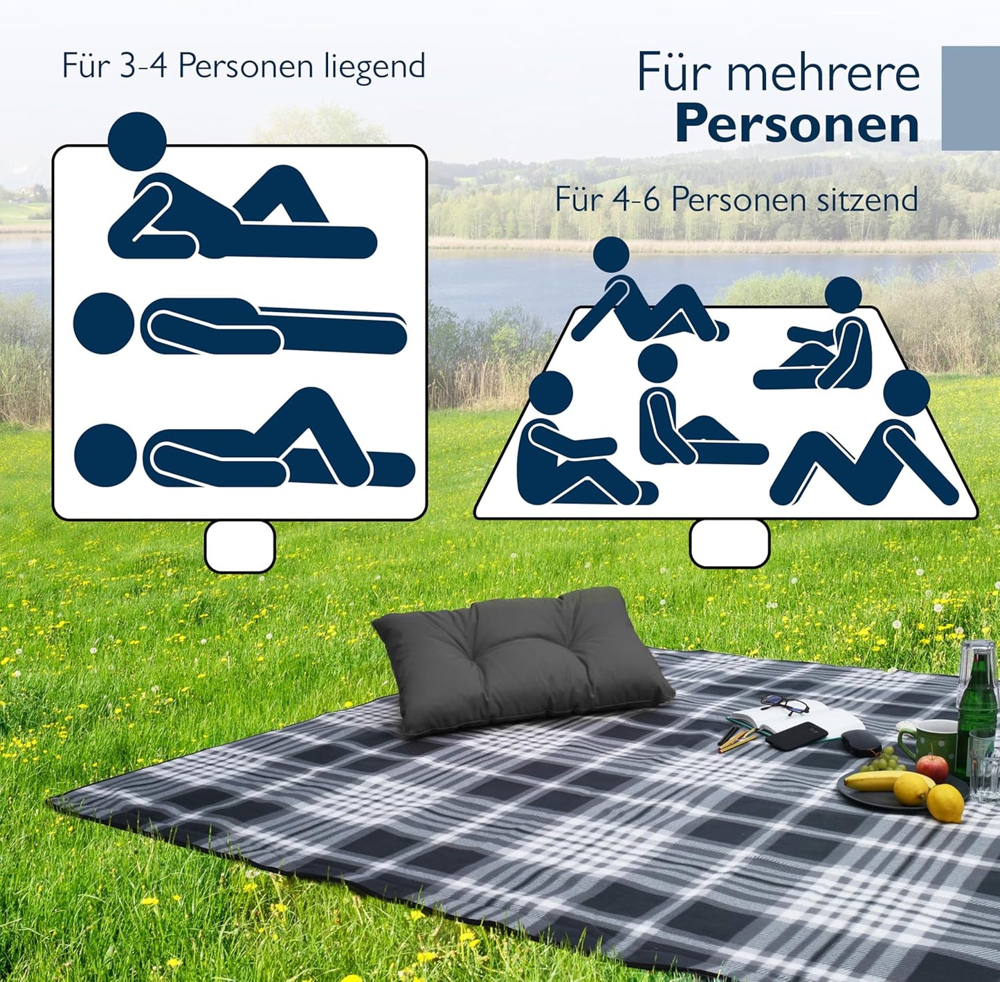 Wasserdichte Picknickdecke, Isoliert, 200x200 cm, Anthrazit