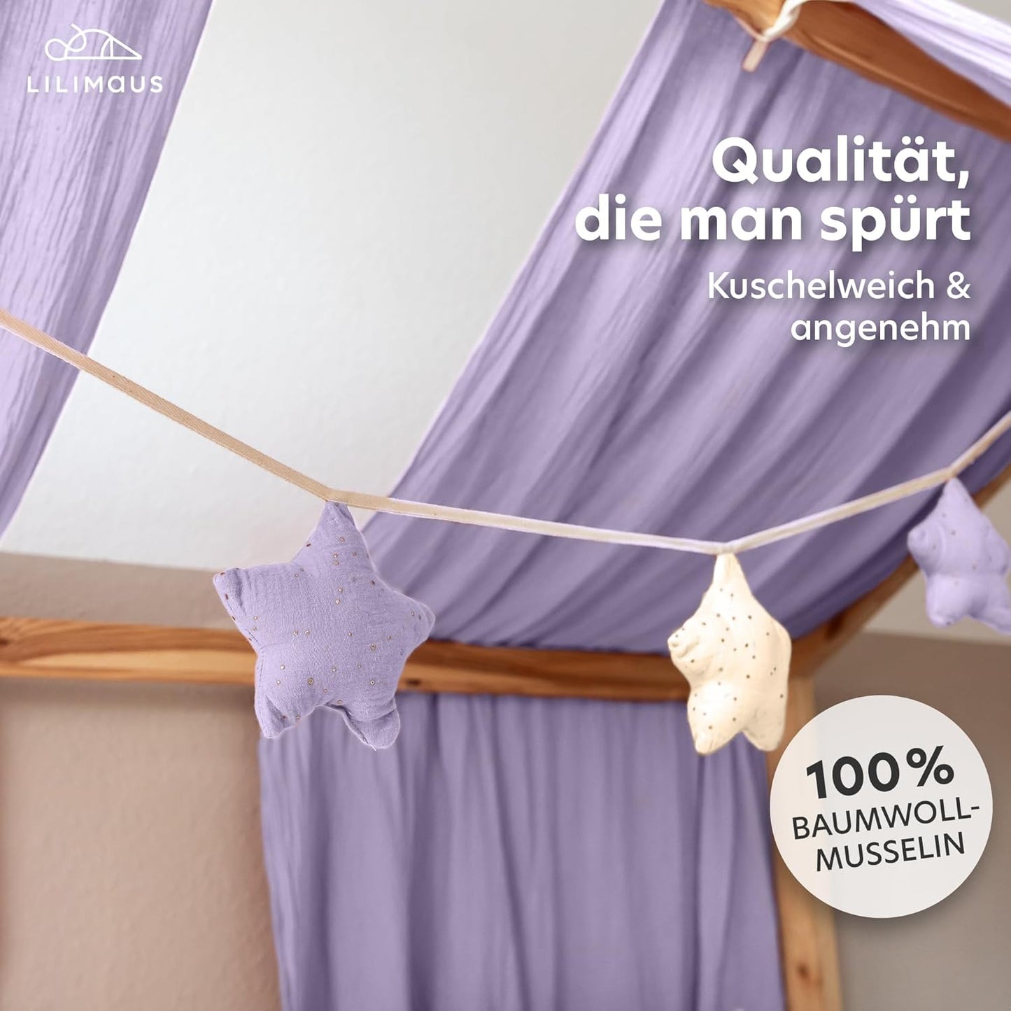 Sternenkette mit Goldapplikation, Creme & Flieder Sterne mit Goldapplikation
