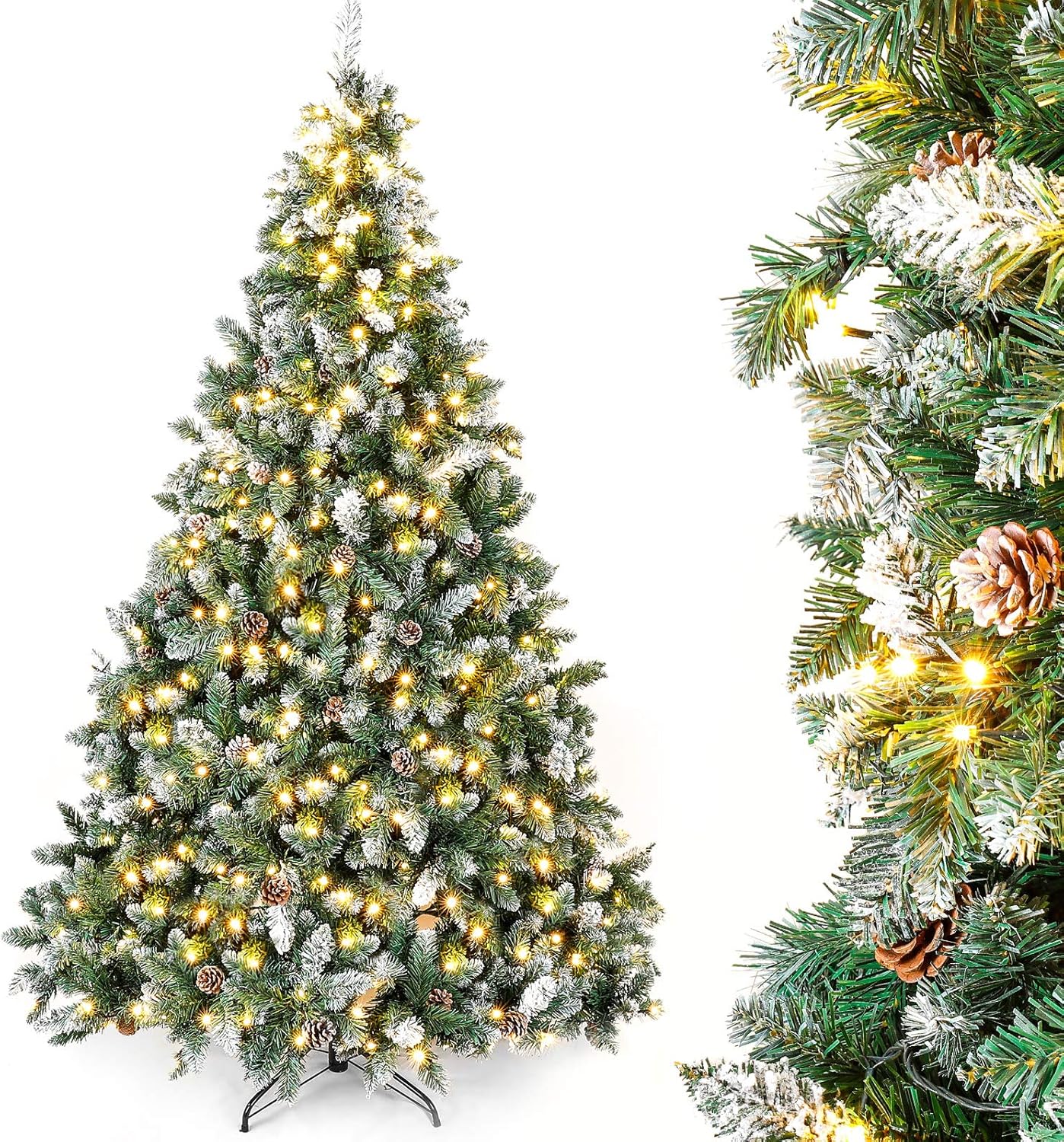 Künstlicher LED-Weihnachtsbaum mit Schneeoptik und Tannenzapfen, 150cm