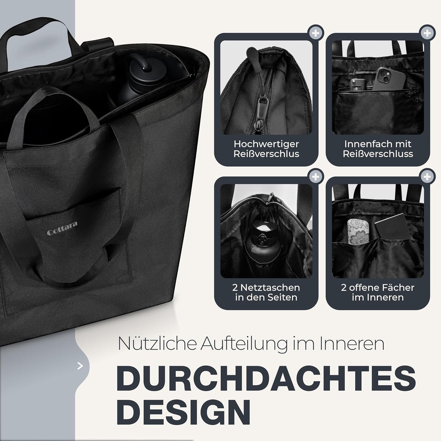 Grosse Einkaufstasche, 40L, Schwarz