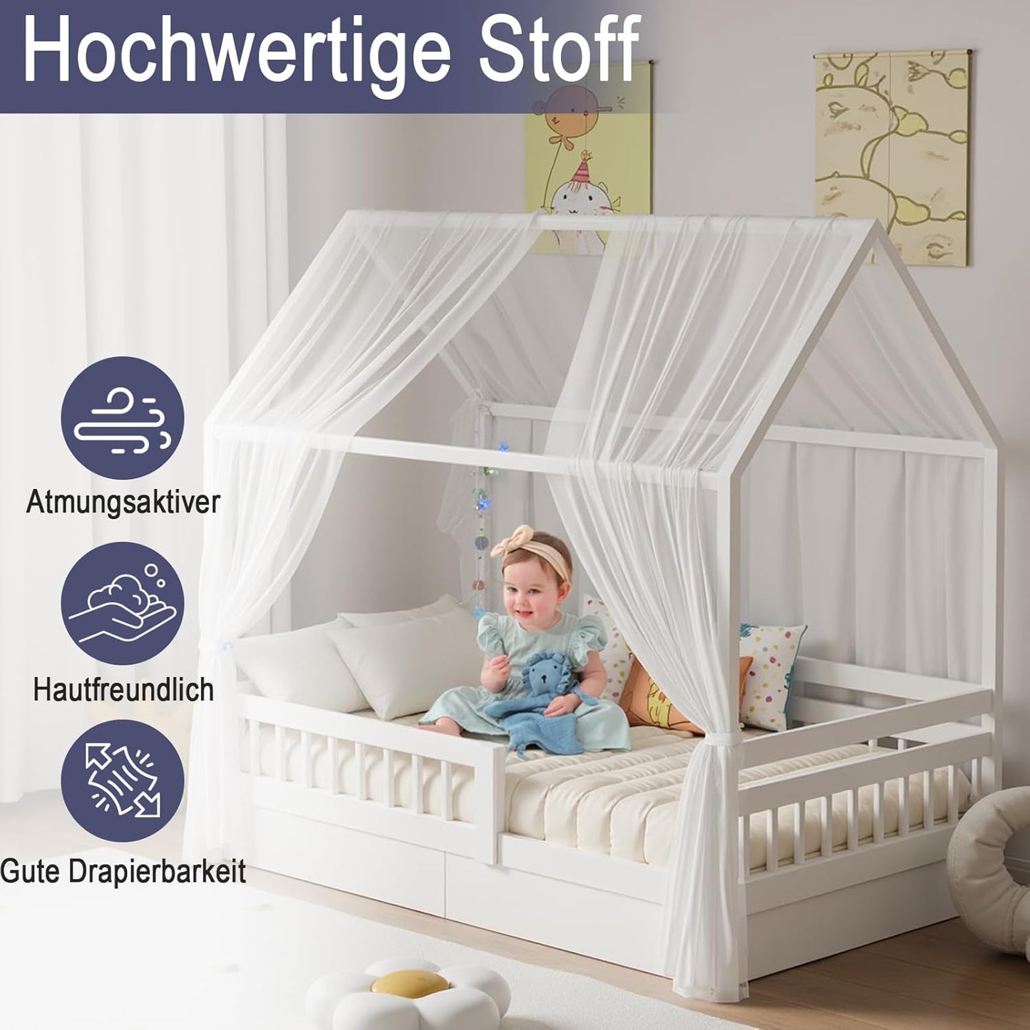 2-teiliges Betthimmel-Set für Hausbetten, H350 x B150 cm (2er Pack) Weiß