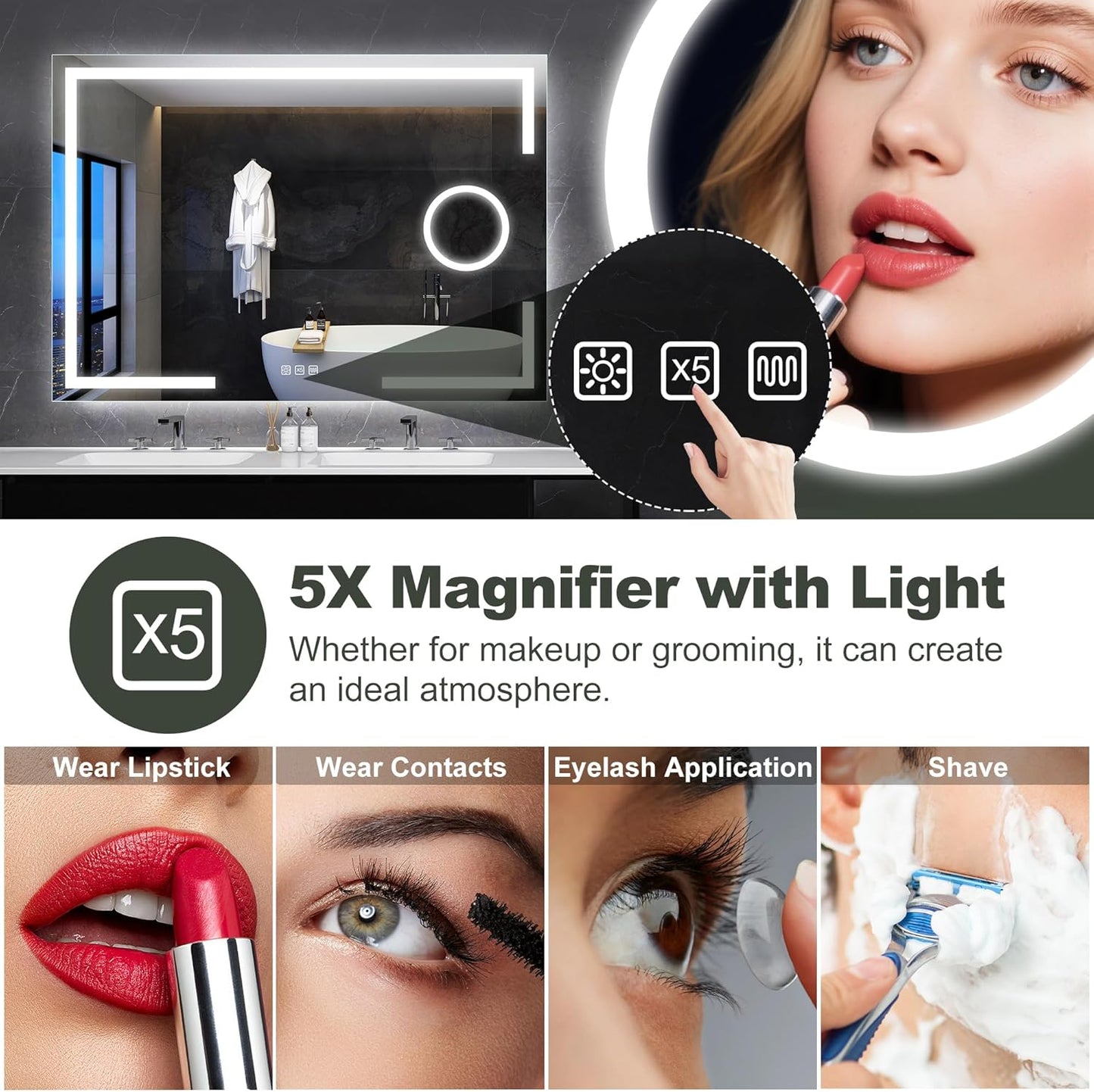 Schmink-Badspiegel mit Licht & Sensor, 120 x 70 cm, M33 (5-fache Lupe + No Bluetooth) 70L x 120B cm