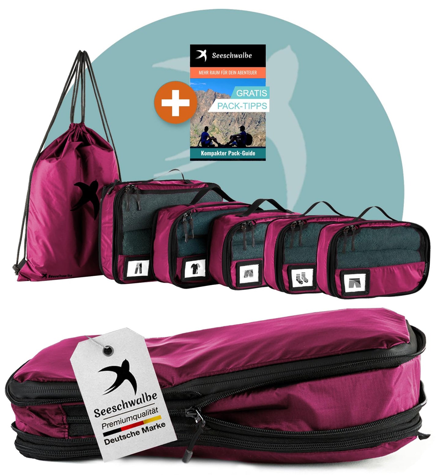 6-teiliges Packwürfel-Set mit Kompression, Himbeer 6-teiliges Set