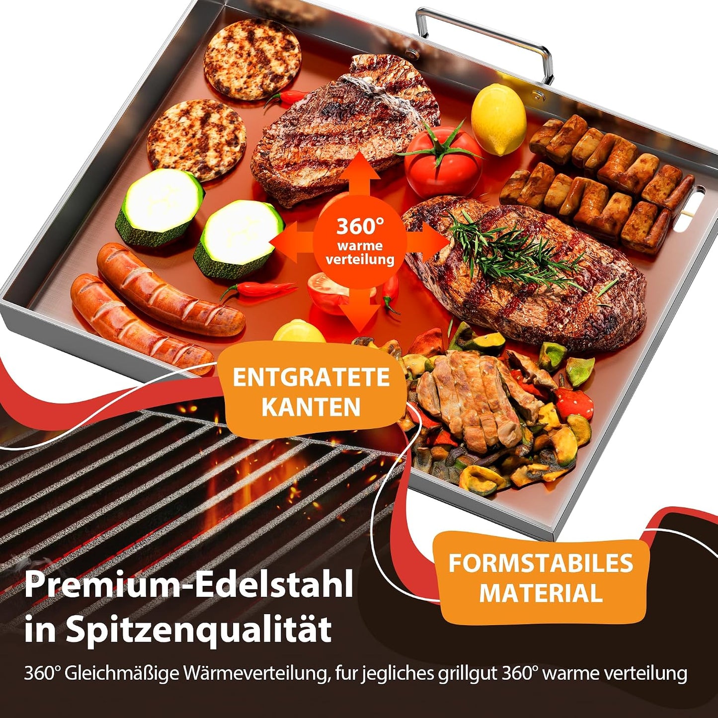 Plancha Grillplatte Edelstahl, 40 x 30 x 4 cm