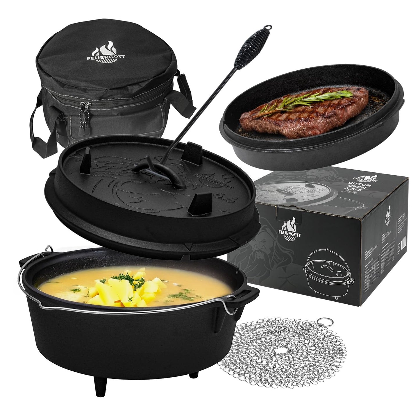Gusseisen Dutch Oven Set, All Inclusive mit Standfüssen 6,5 Liter