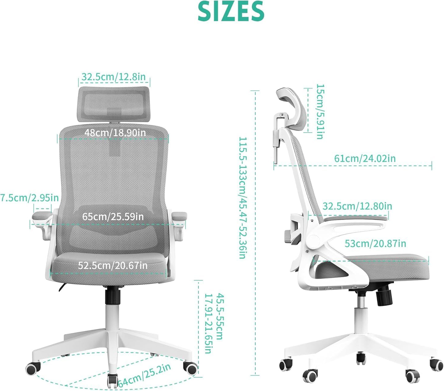Ergonomischer S-förmiger Bürostuhl ‎W-23-1W mit Klapparmlehnen, Weiss Grau