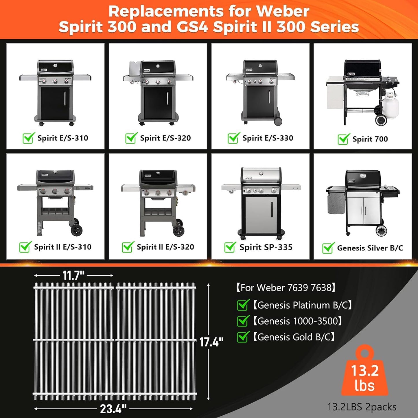 2 Stück Grillroste für Weber Spirit & Genesis Modelle, 9mm 304 Stainless Steel for Spirit 300