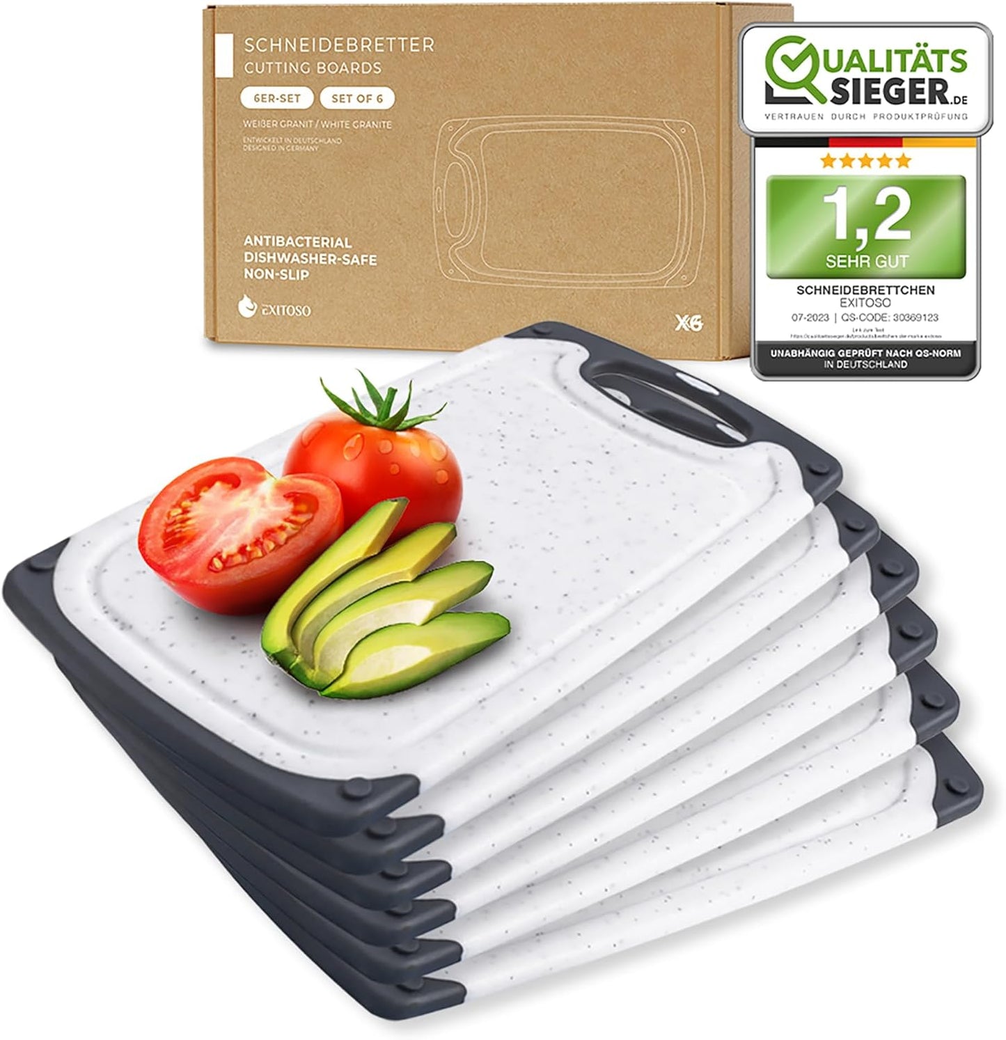 6-teiliges Frühstücksbrettchen-Set mit Saftrille, Marmoroptik Weiss, 6 Stück - Marmorweiss