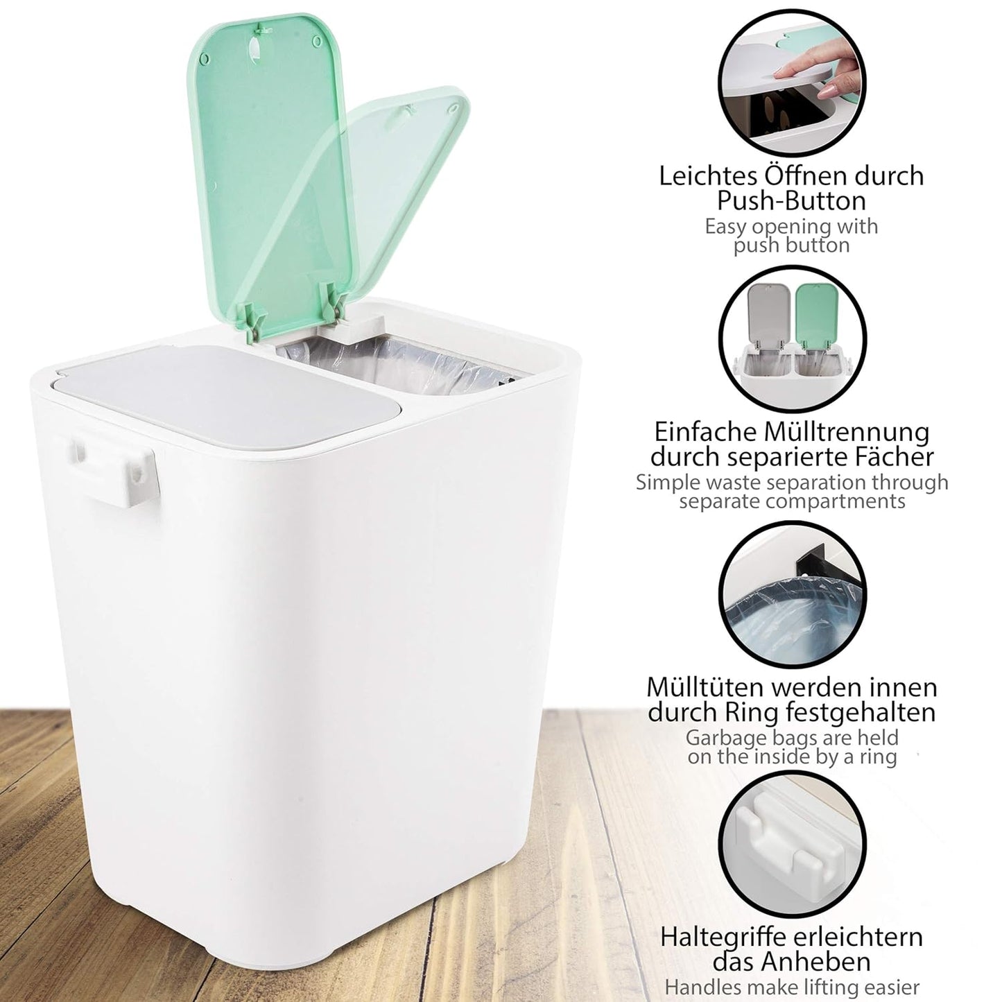 Mülltrennsystem Tom, Grau-Mint, 18 Liter