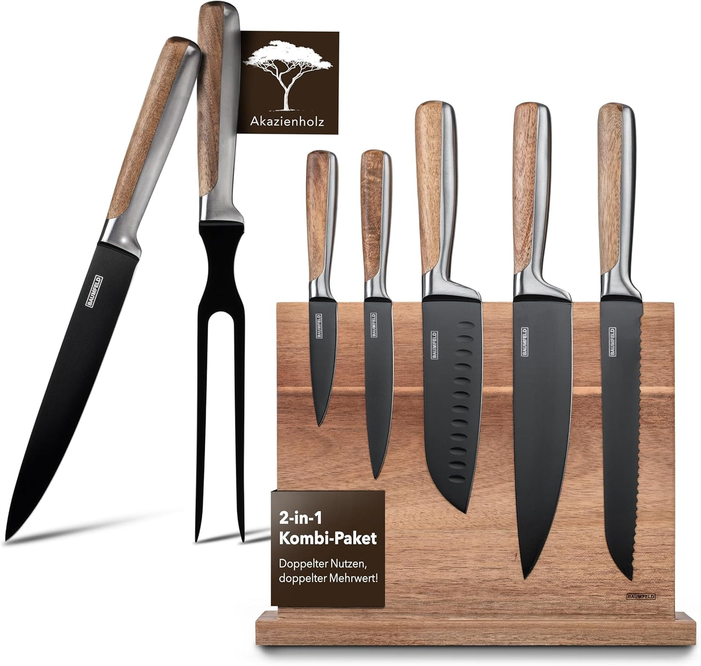 6-teiliges Messerblock-Set, Schwarz Keramikbeschichteter Edelstahl + Tranchierbesteck