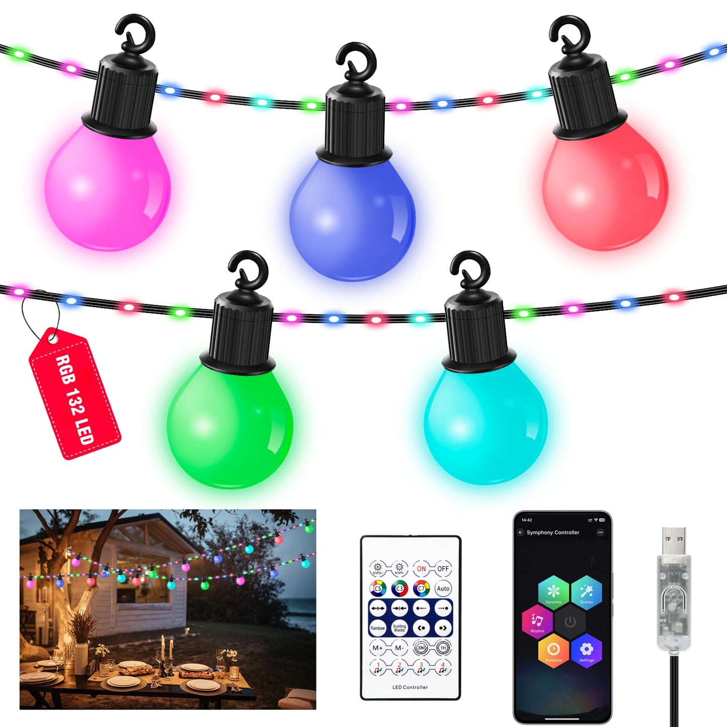 LED Lichterkette mit 26x G40 Glühbirnen, 132 LEDs und Timer, 20 M RGB Lichterkette Aussen USB
