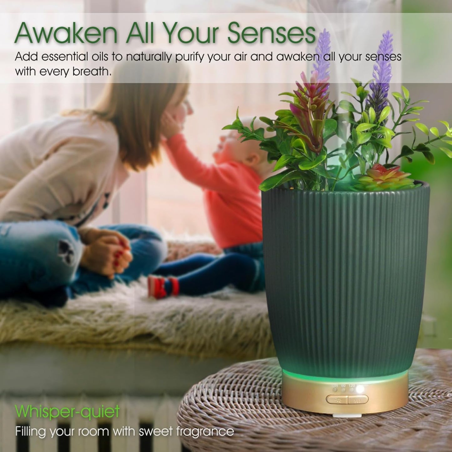 Ätherisches Öl Diffusor mit Timer & Nachtlicht und künstlichen Sukkulenten, Grün