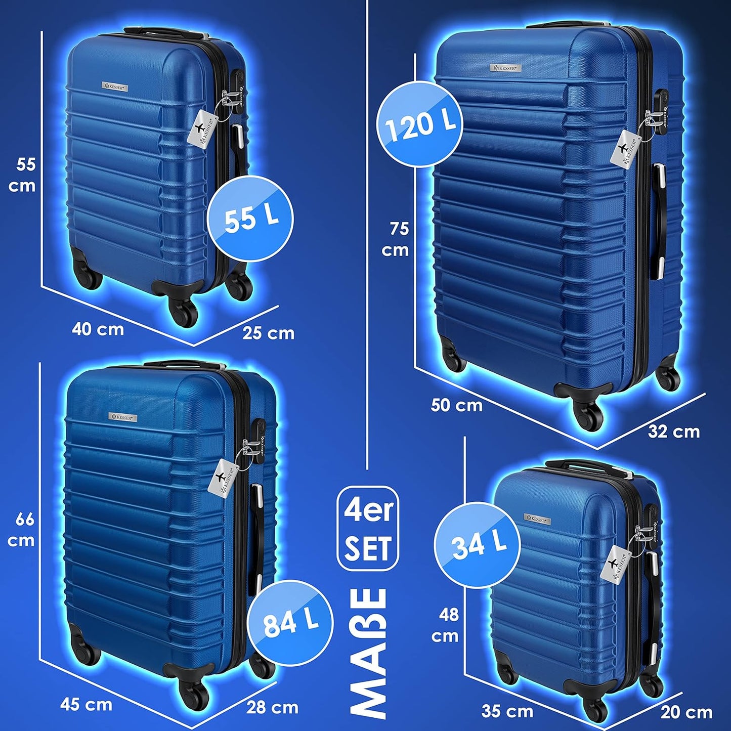 4-teiliges Hartschalenkofferset, Blau