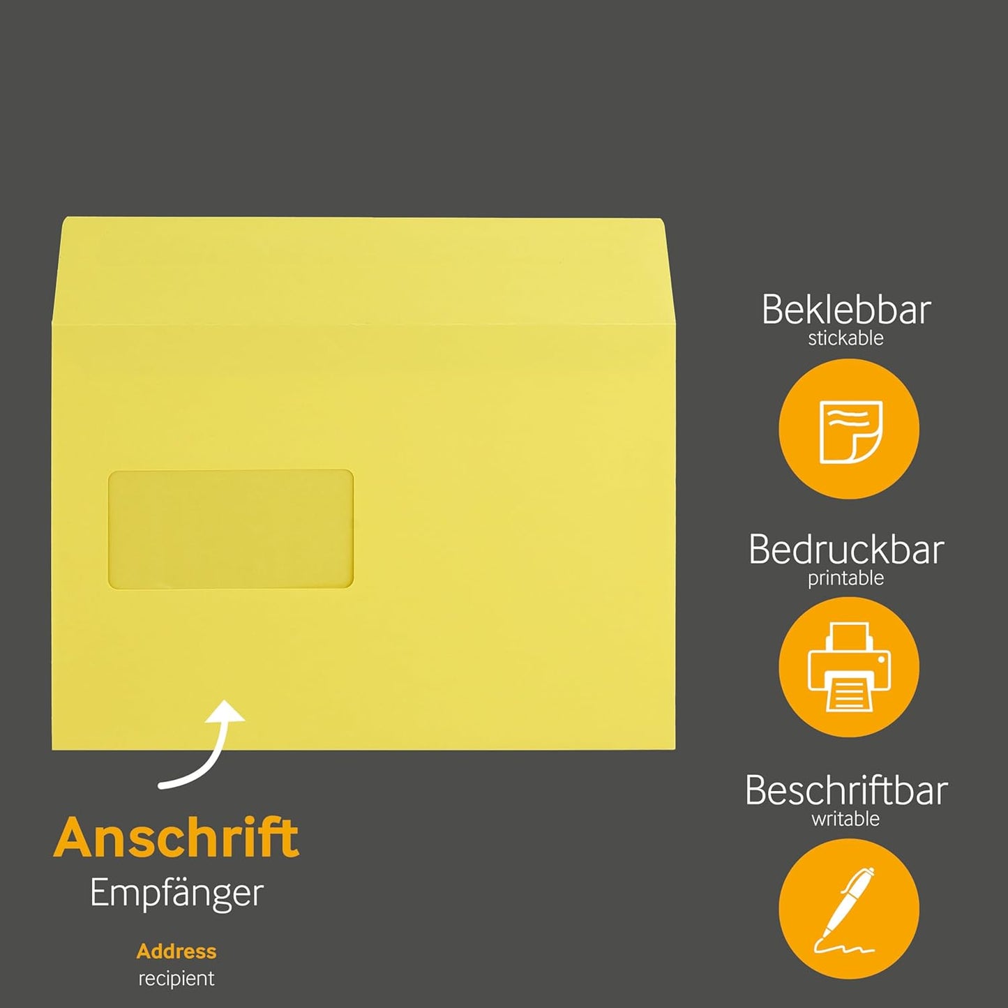 Briefumschläge C5 mit Fenster, haftklebend, DIN C5-Fenster Gelb-100