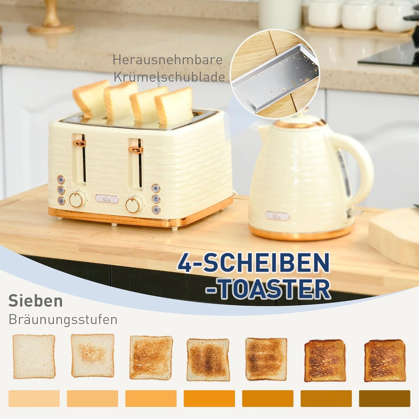 Frühstücks-Set: Wasserkocher & 4-Scheiben-Toaster, Beige