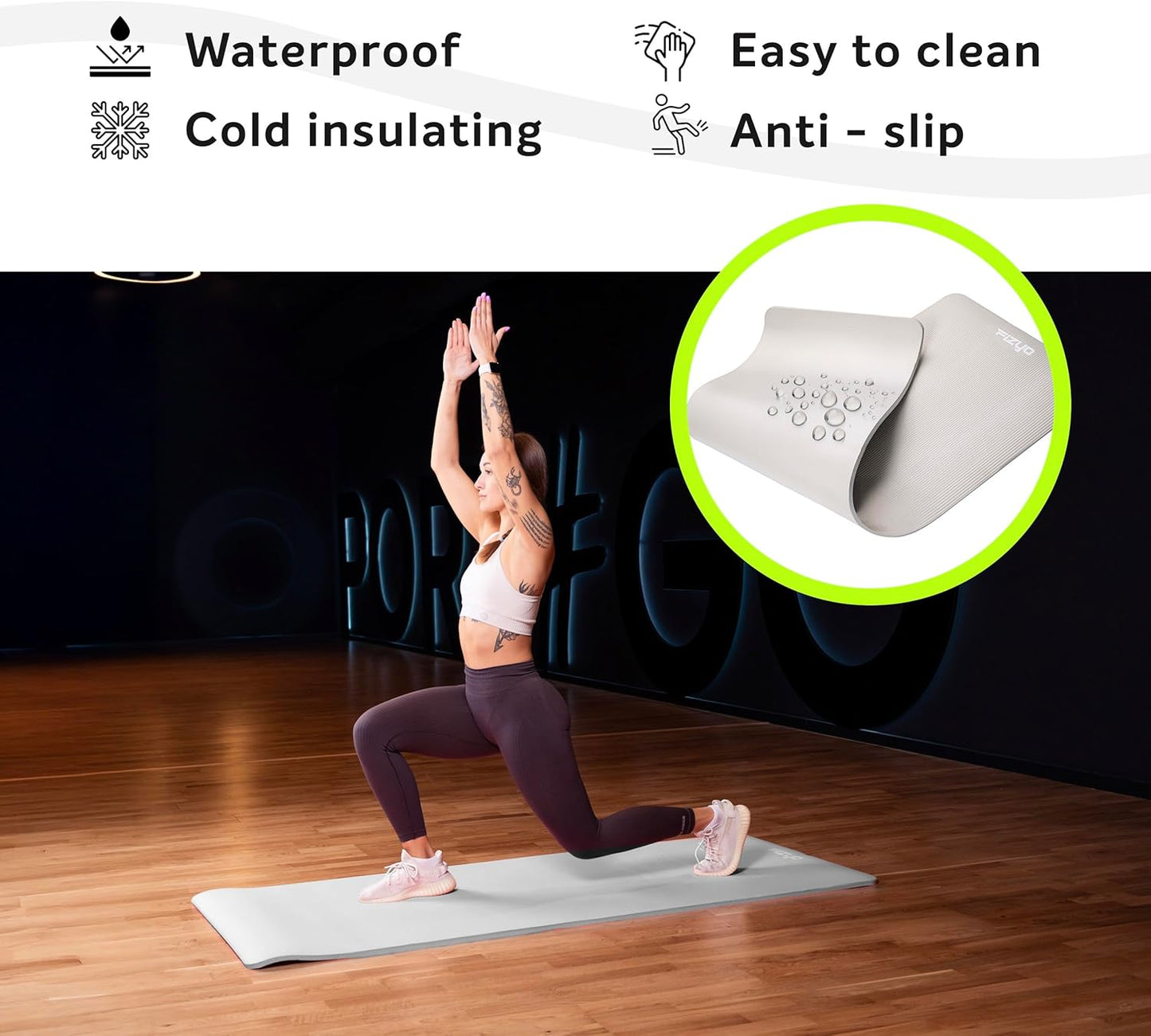 Rutschfeste Yogamatte, Grau 190x60x1.5 cm