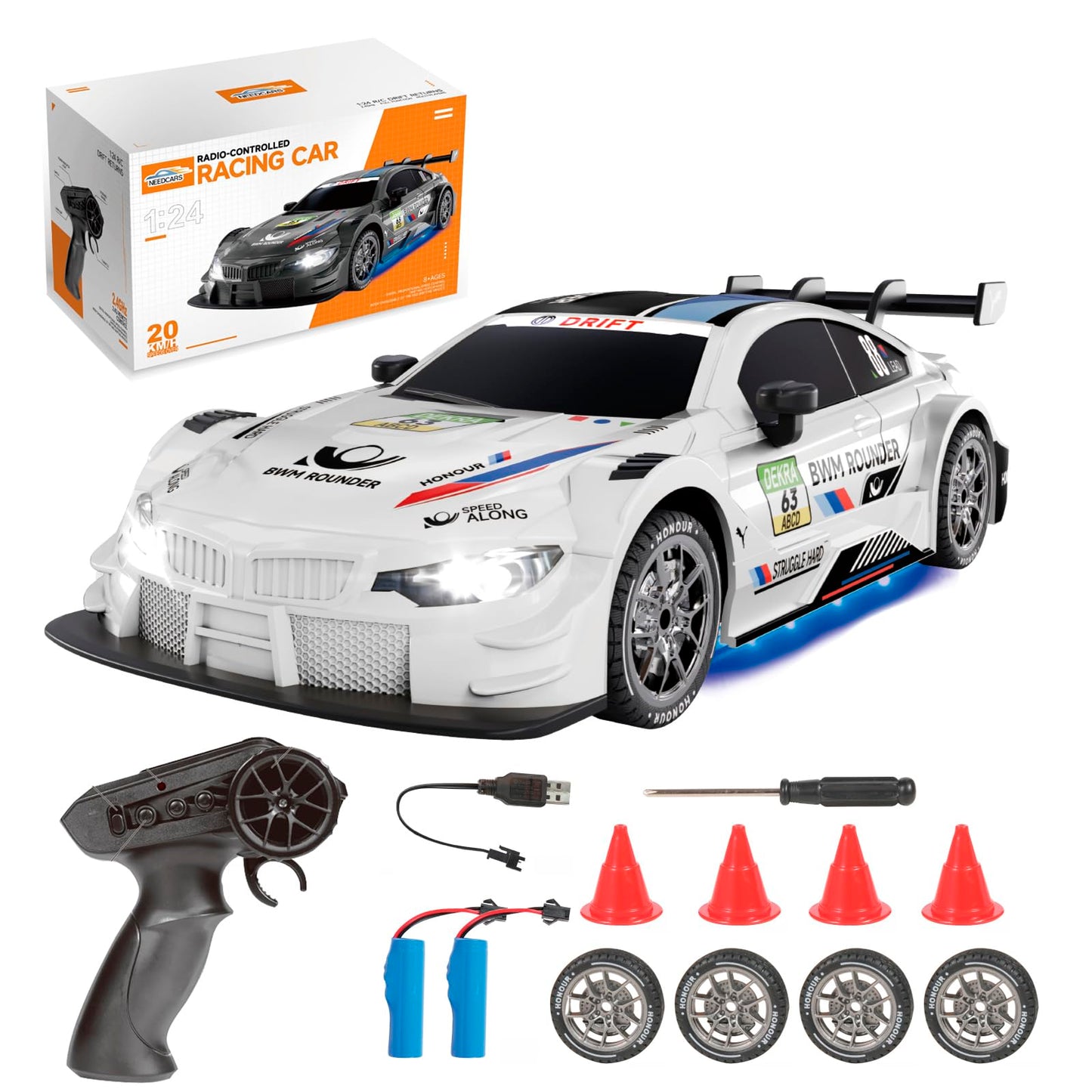 RC Drift Auto 4WD 1:24 mit LED-Leuchten, 9201-weiss