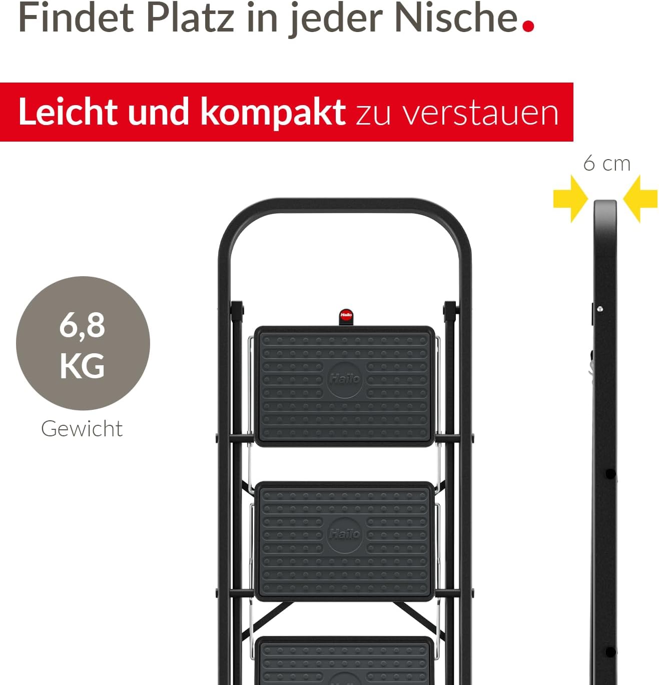 3-stufige Trittleiter K44 mit Anti-Rutsch-Matten, Schwarz 3 Stufen