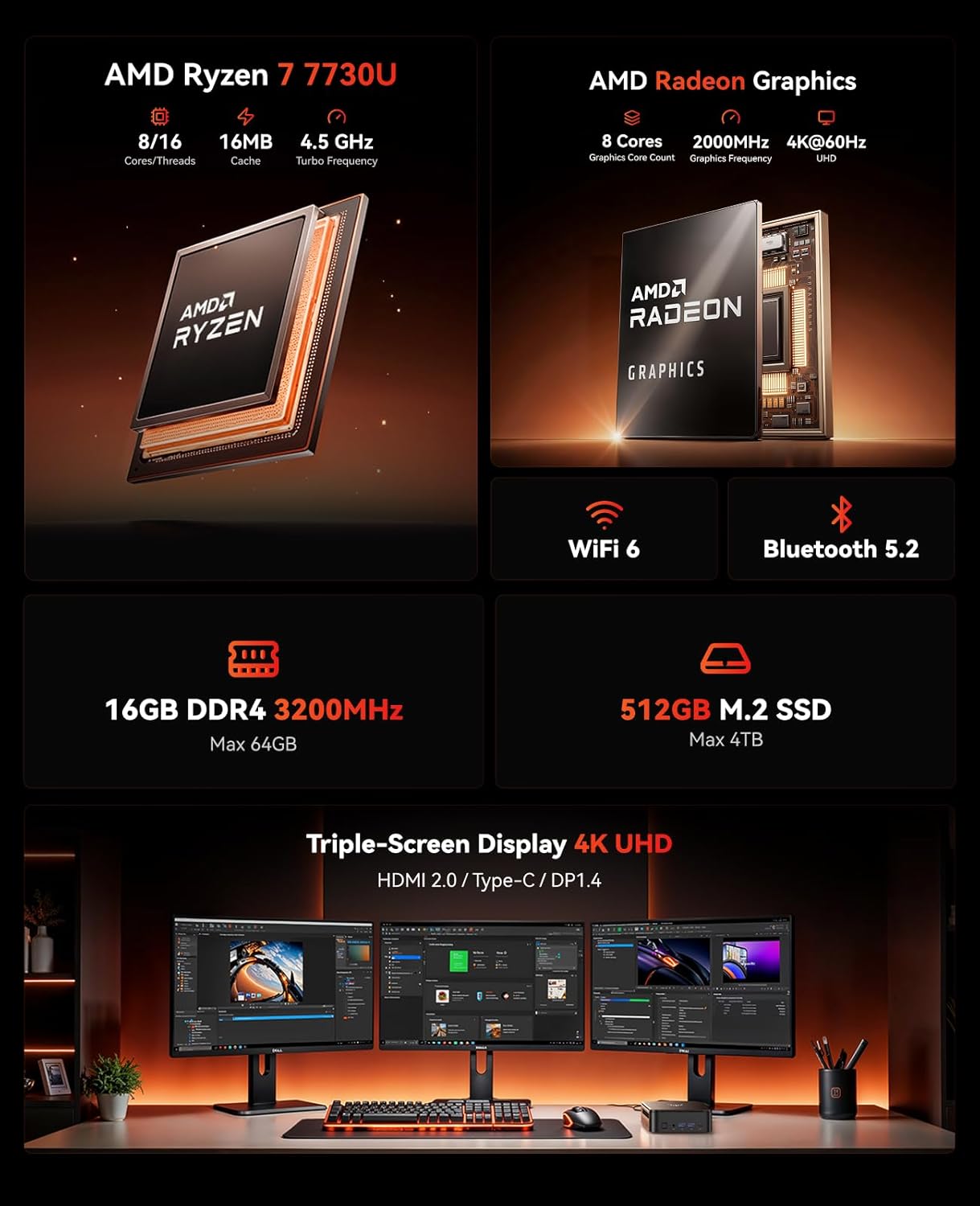 Mini PC mit AMD Ryzen 7 7730U und Radeon Graphics, AMD R7 7730U 16GB 512GB