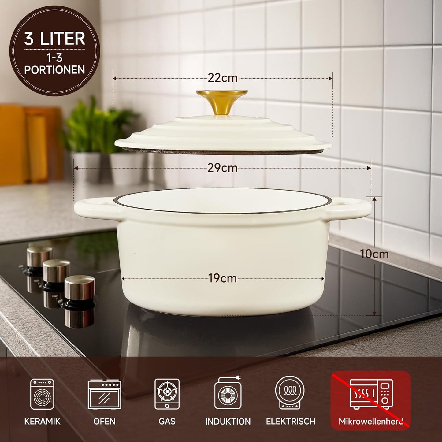 Schmortopf mit Deckel & Topflappen, 22cm/3L Cremeweiß