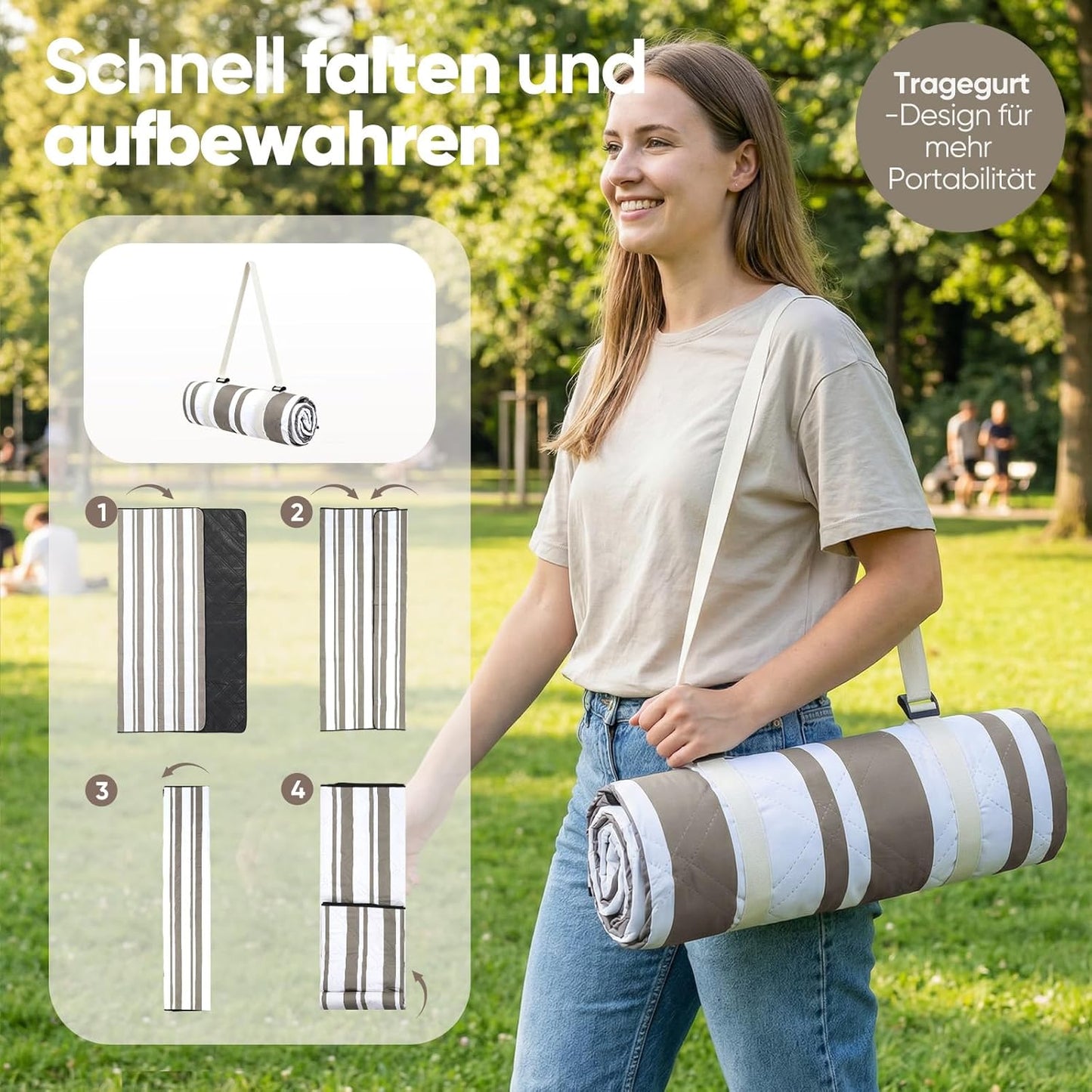 Wasserdichte Picknick- und Stranddecke, 200x300 cm Taupe - Streifen