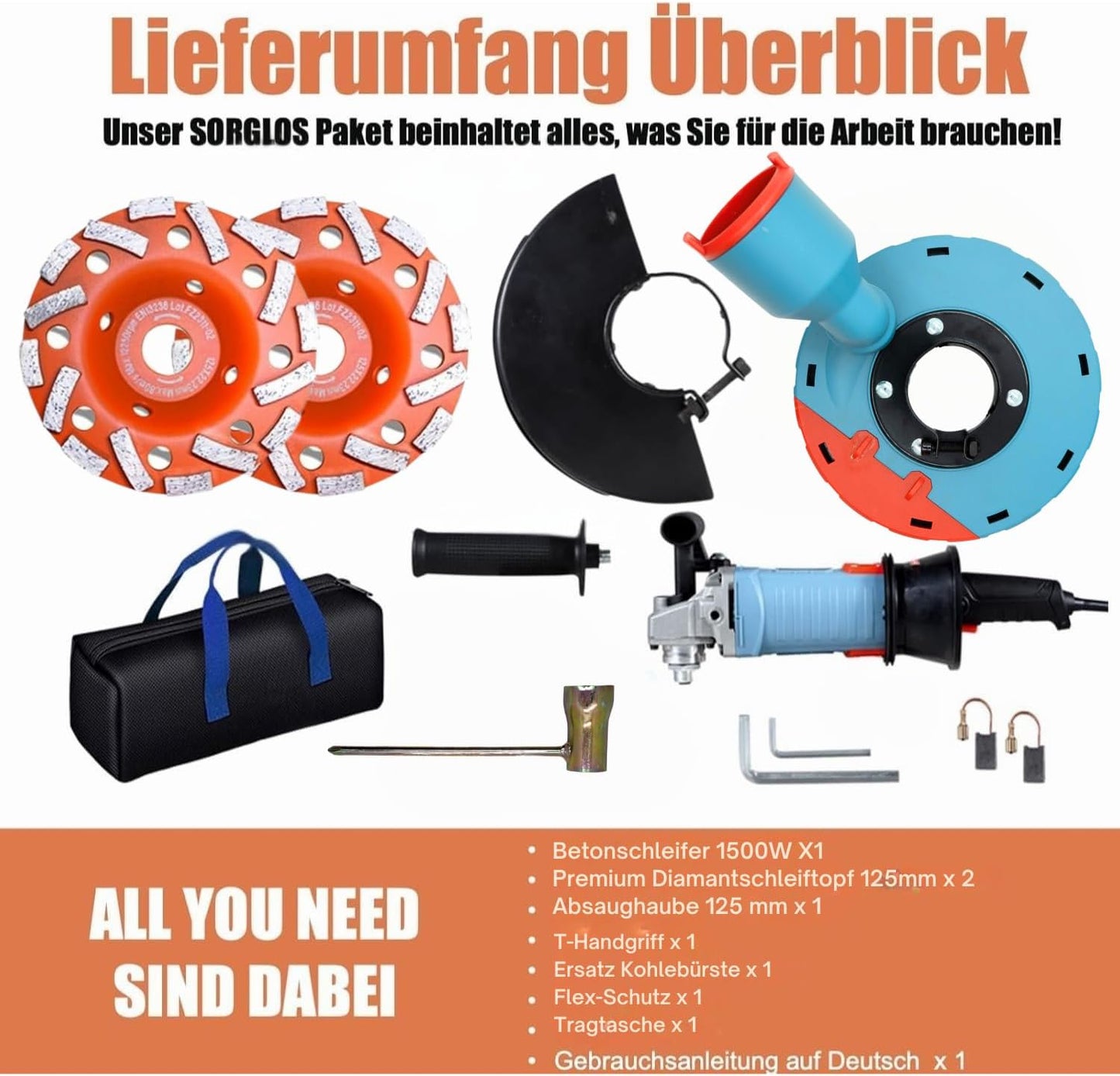 Betonschleifer Set mit Absaughaube und Schleiftöpfen, T-Model/125mm+