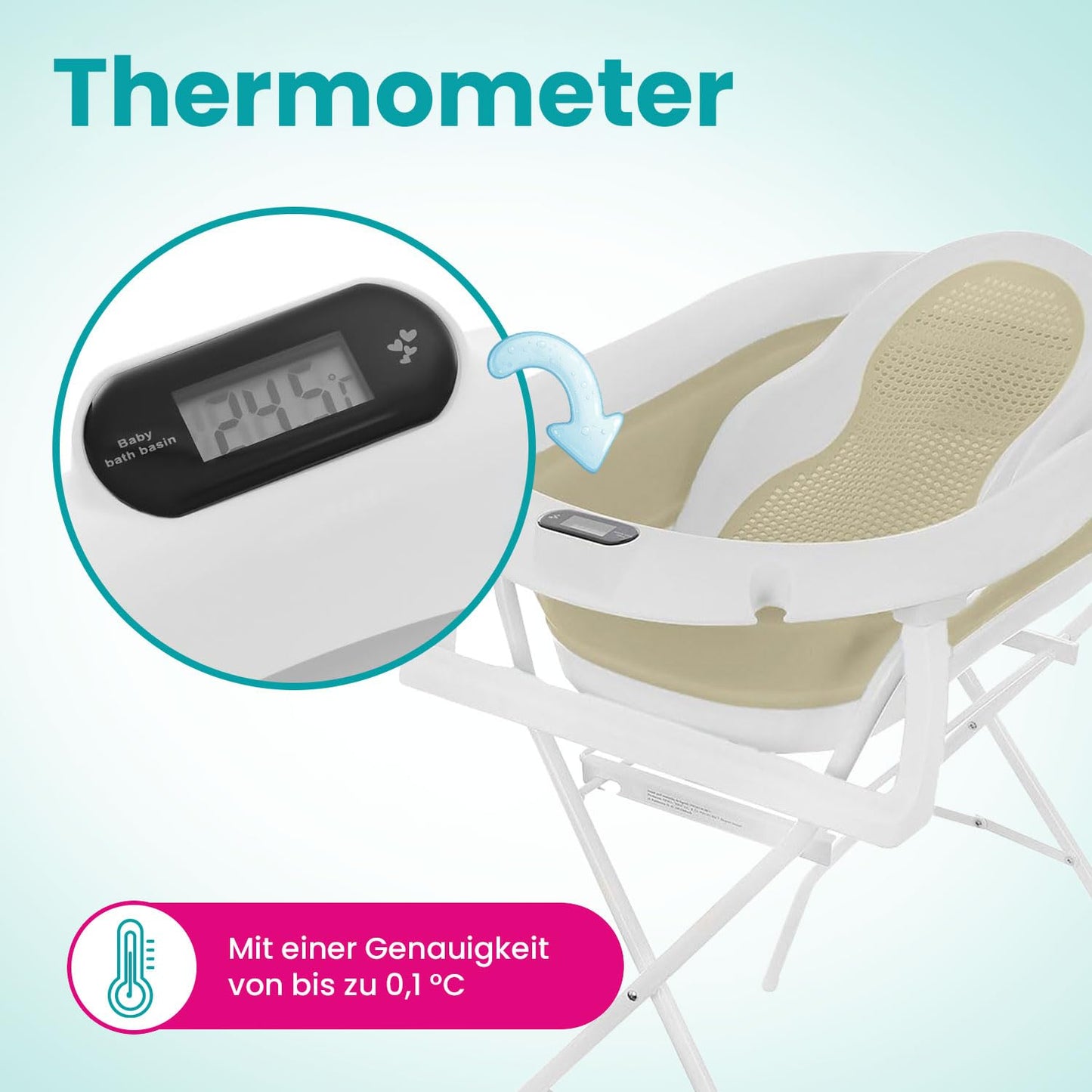 Faltbare Babybadewanne mit Badesitz und Thermometer, Premium Beige (Gestell, Badesitz, Thermometer) Faltbare Babybadewanne mit Gestell