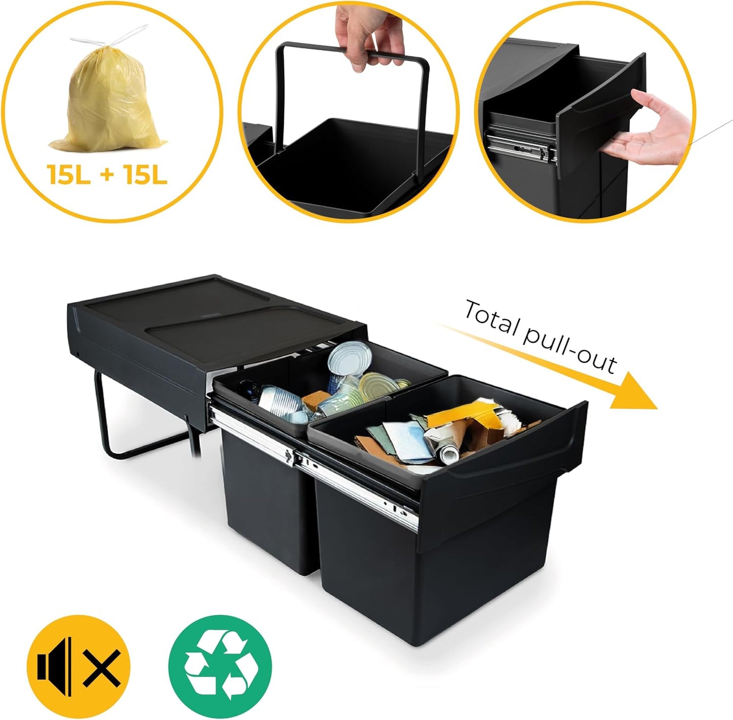Recyclingbehälter mit Handauszug, Schwarz 2x15 L Küchenabfallbehälter (Bodenbefestigung)