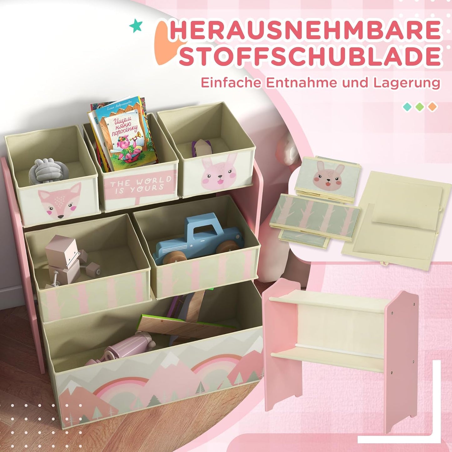 Kinder-Spielzeugregal mit Aufbewahrungsboxen, Rosa