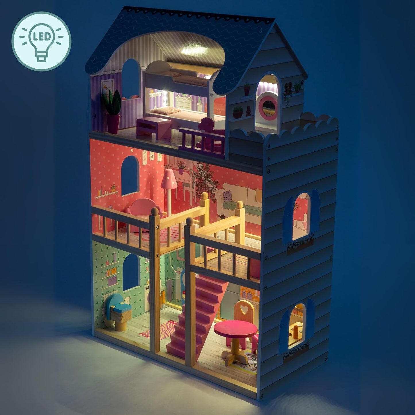 Grosses Puppenhaus mit Möbeln & LED Licht, Gelb