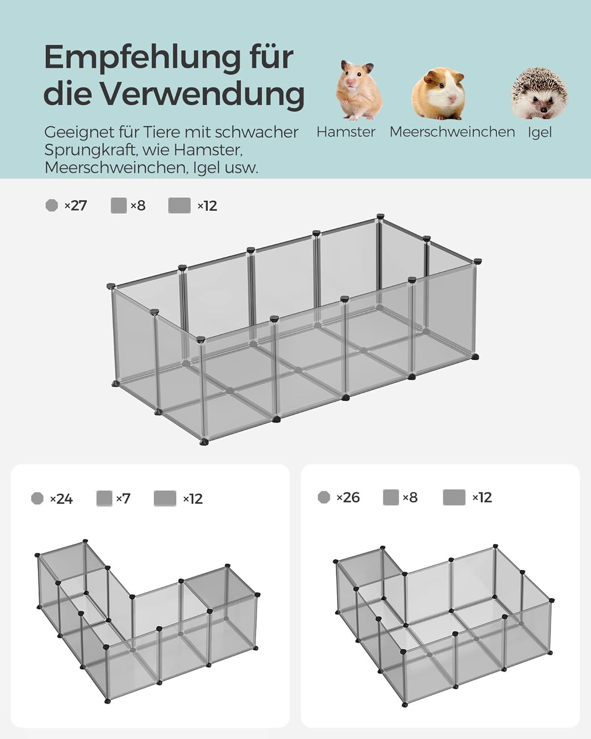 Freigehege mit Bodenplatten für Kleintiere, 143L x 73B x 46H cm Grau