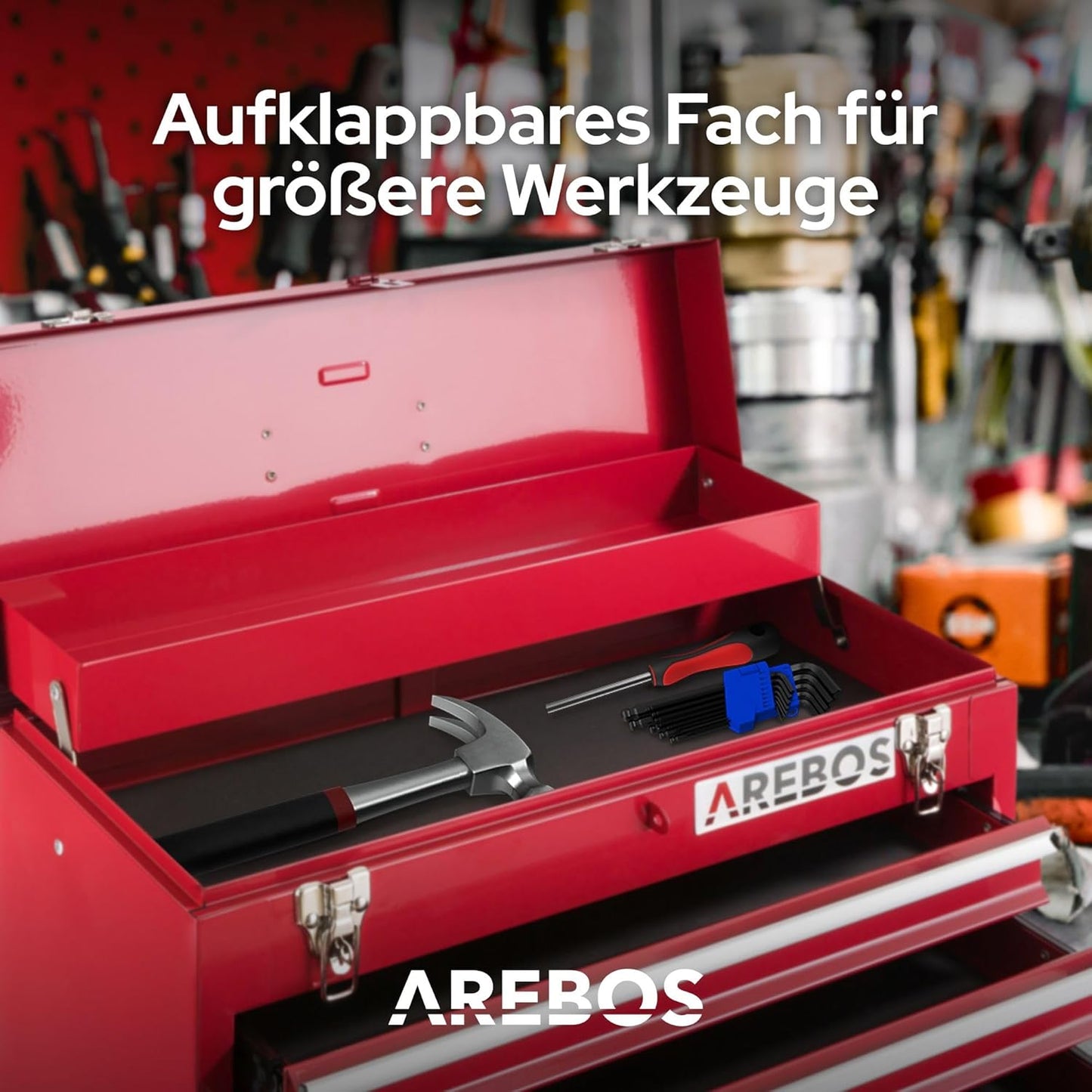 Werkzeugkoffer aus legiertem Stahl mit 3 Schubladen, Rot