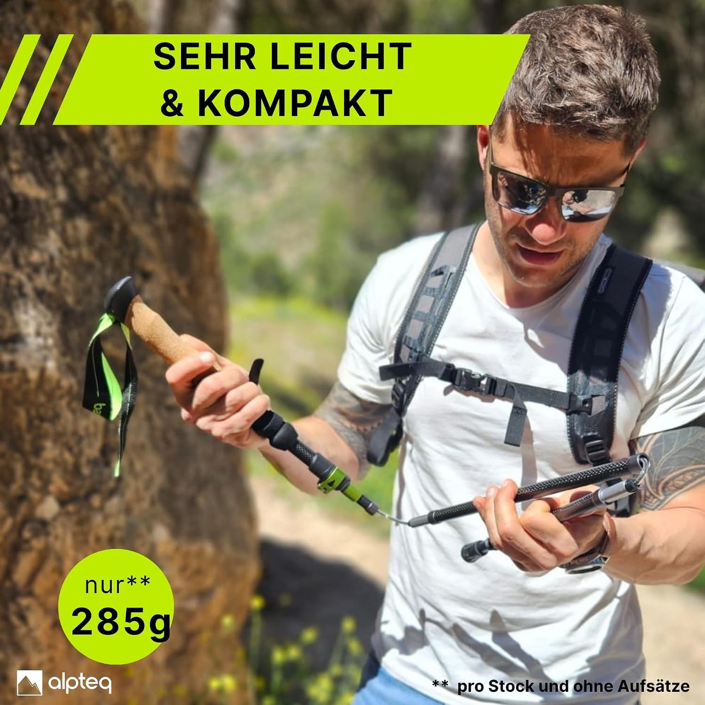 Faltbare Trekkingstöcke mit Korkgriff, Aluminium 115-135 cm | Lime Green