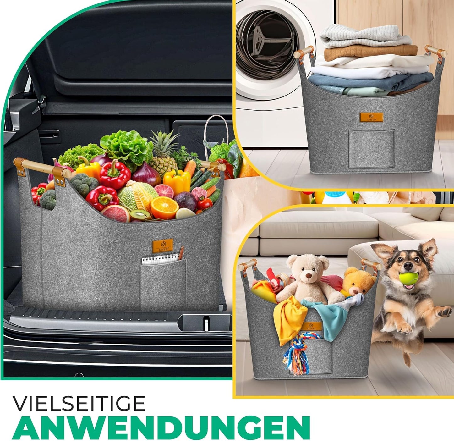Faltbarer Brennholzkorb mit Holzgriffen, 60 Liter Grau