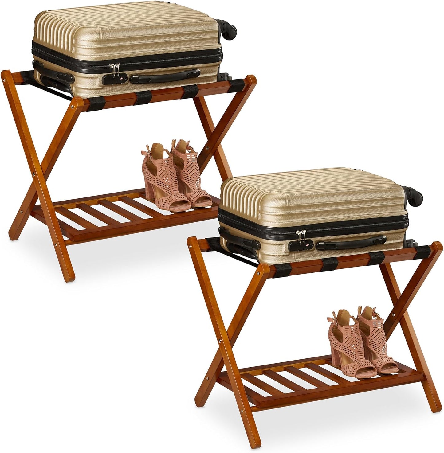 2er-Set Klappbarer Kofferständer mit Ablagen, 54 x 66 x 45 cm Natur