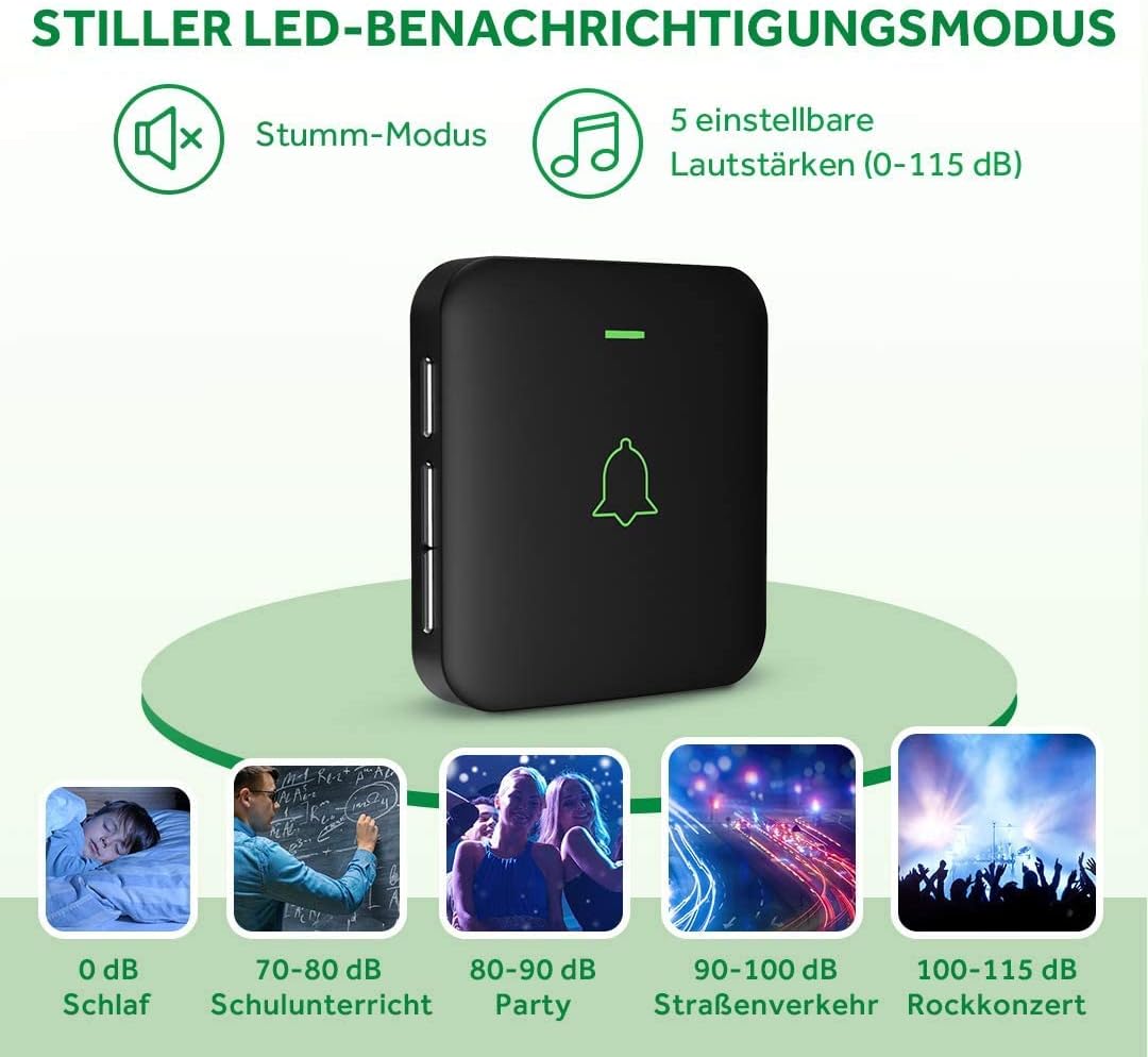 Funkklingel mit 52 Melodien und LED-Anzeige, Schwarz