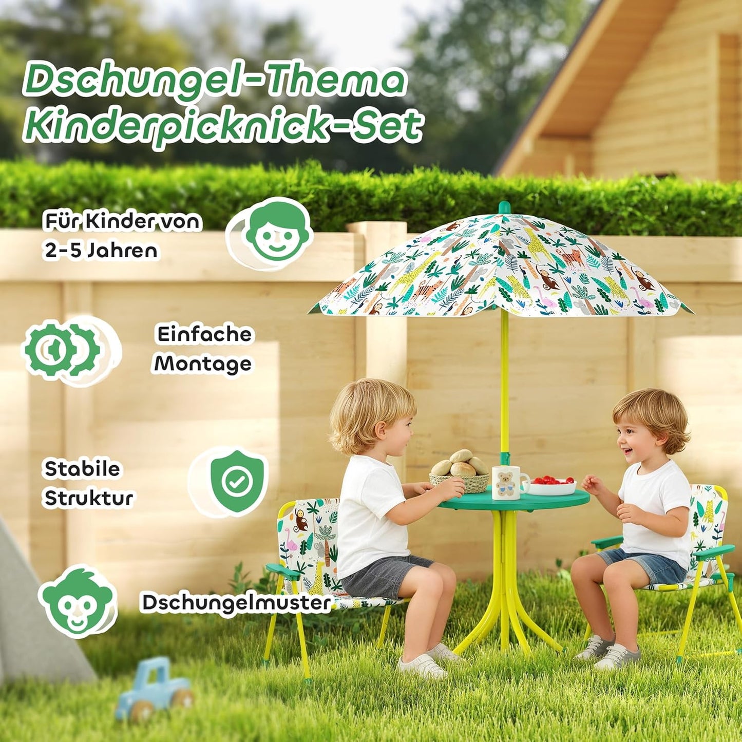 Kindersitzgruppe mit höhenverstellbarem Sonnenschirm, Grün-dschungelmuster