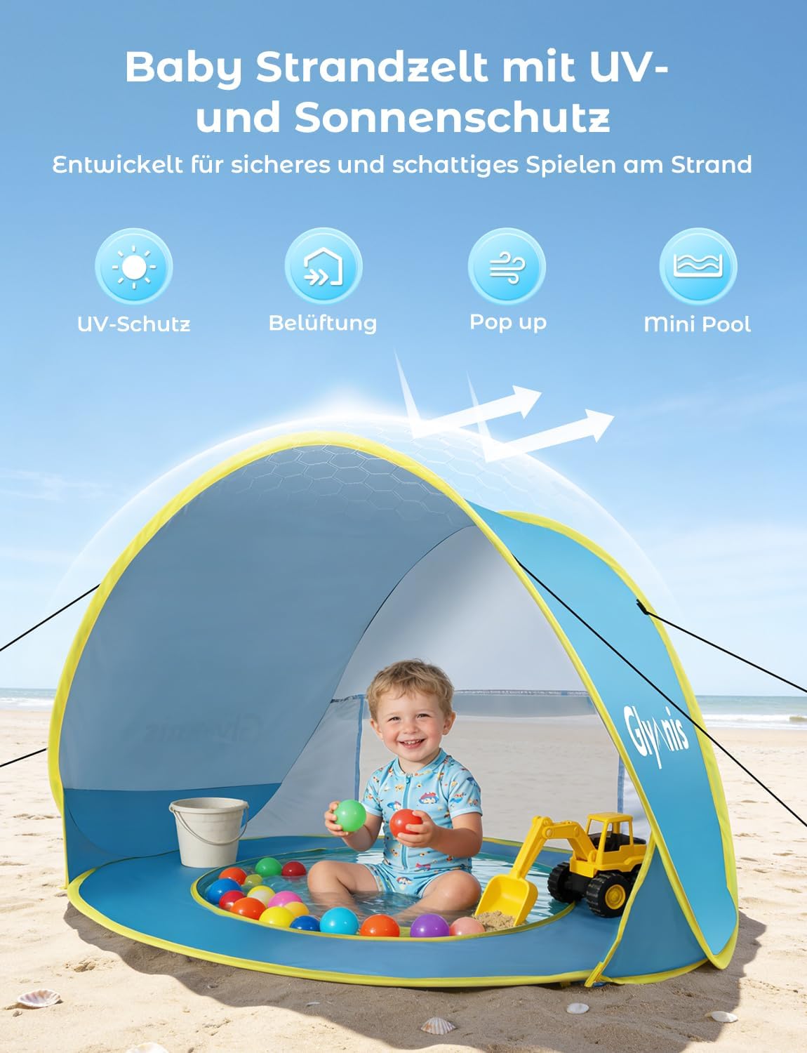Pop-up Babystrandzelt mit UV-Schutz und Mini Pool, Babyzelt(Blau)