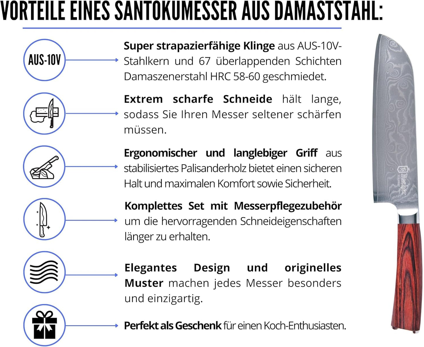 Santokumesser mit Holzkiste, Damast Santokumesser 18cm Holz