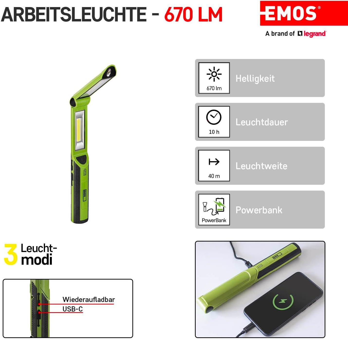 Aufladbare LED-Arbeitsleuchte mit Powerbank, P4535