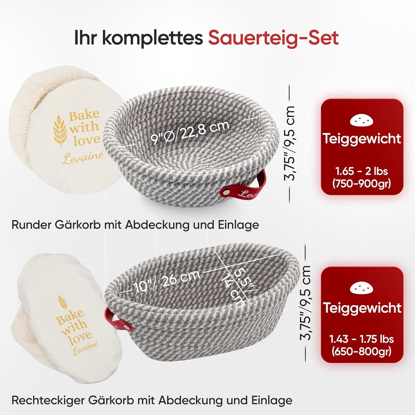 Gärkörbchen-Set, Grau/Weiss – Rund & Oval