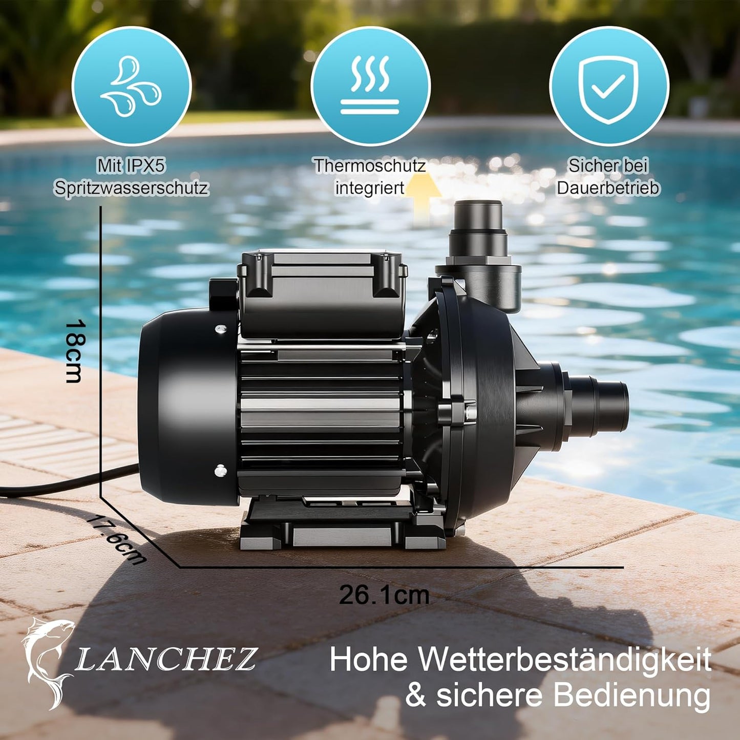 Poolpumpe mit Thermoschutz, Tiefschwarz