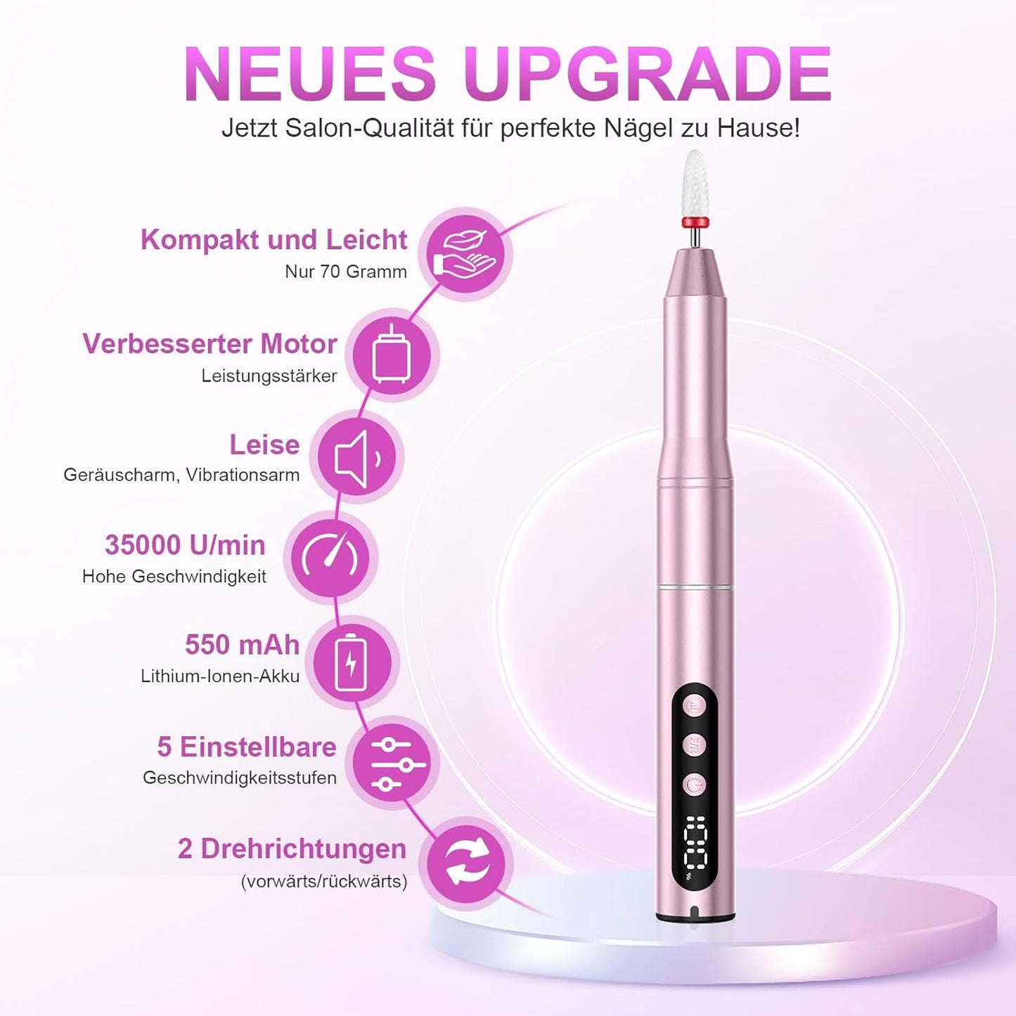 Kabelloser 12-in-1 Nagelfräser, 35000 U/Min, Rosa