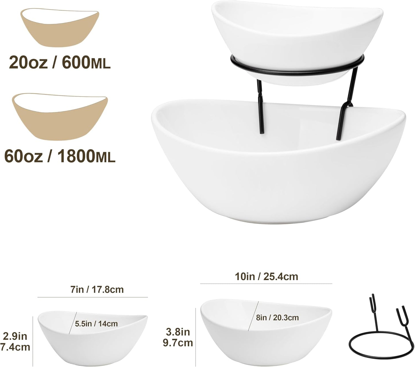 2er-Set Servierschalen mit Etagere, 600 ml/1800 ml Weiß