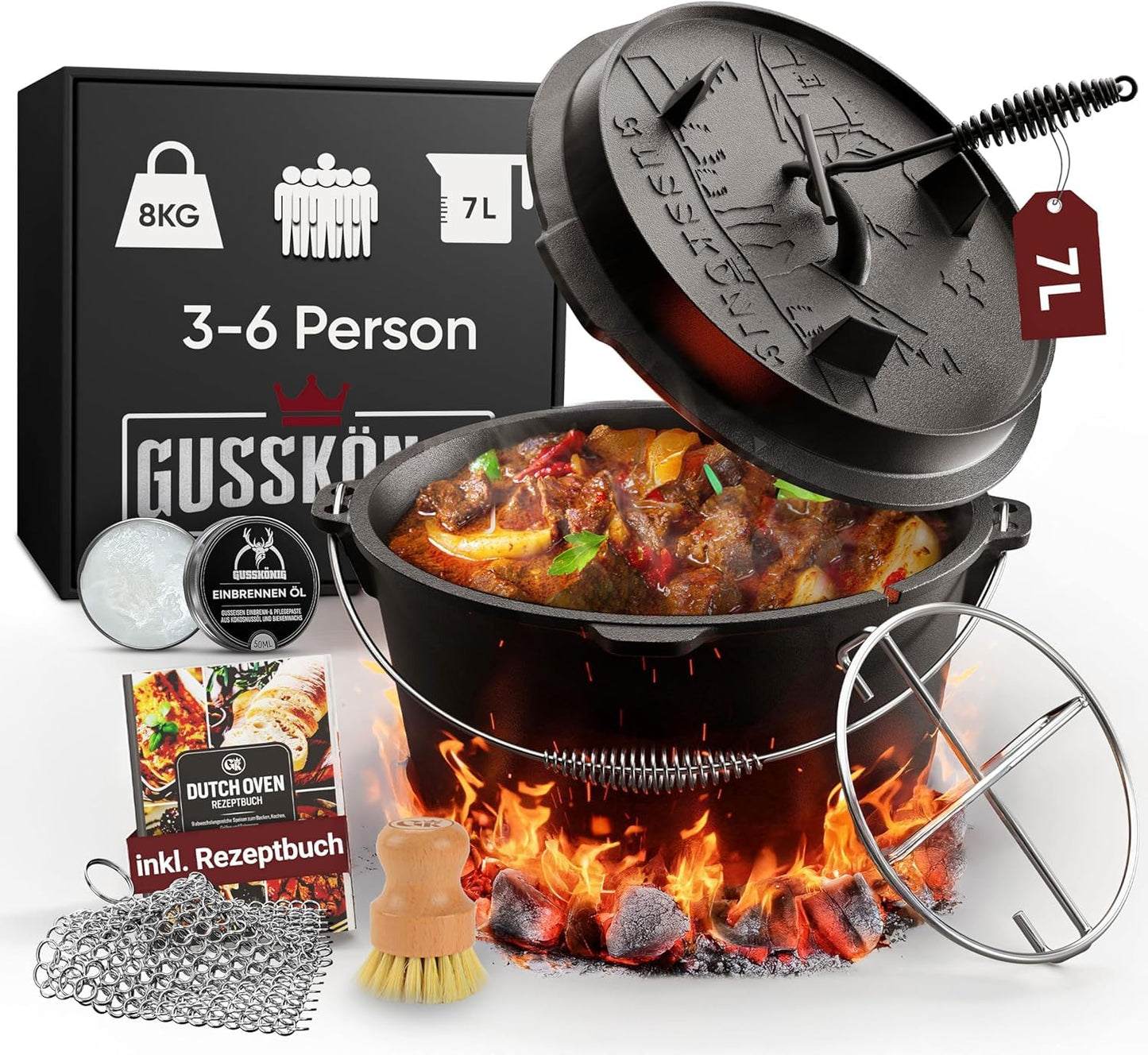 Dutch Oven Set, Topf ohne Fuss+Bürste 7 Liter