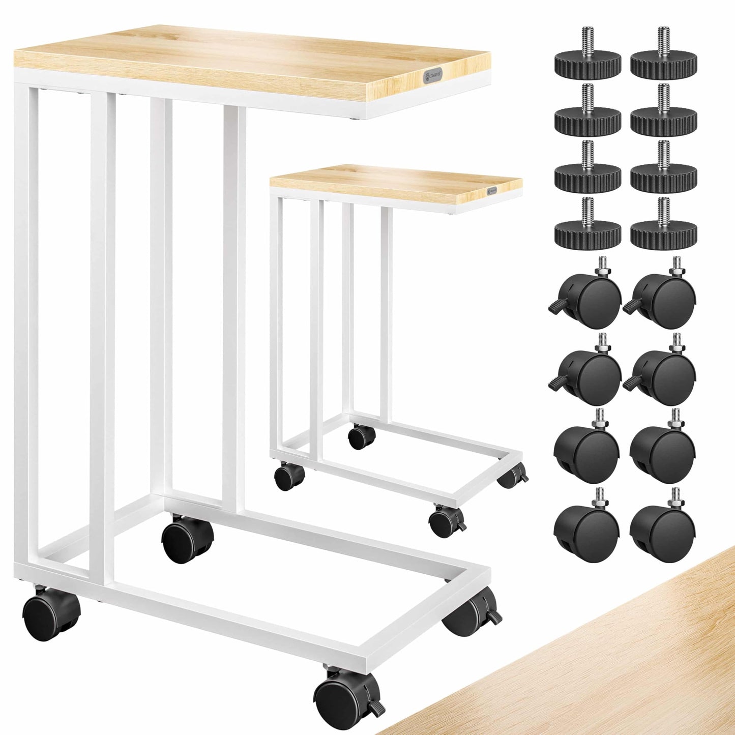 2er-Set Beistelltisch mit Rollen, 2x Weiß/Eiche