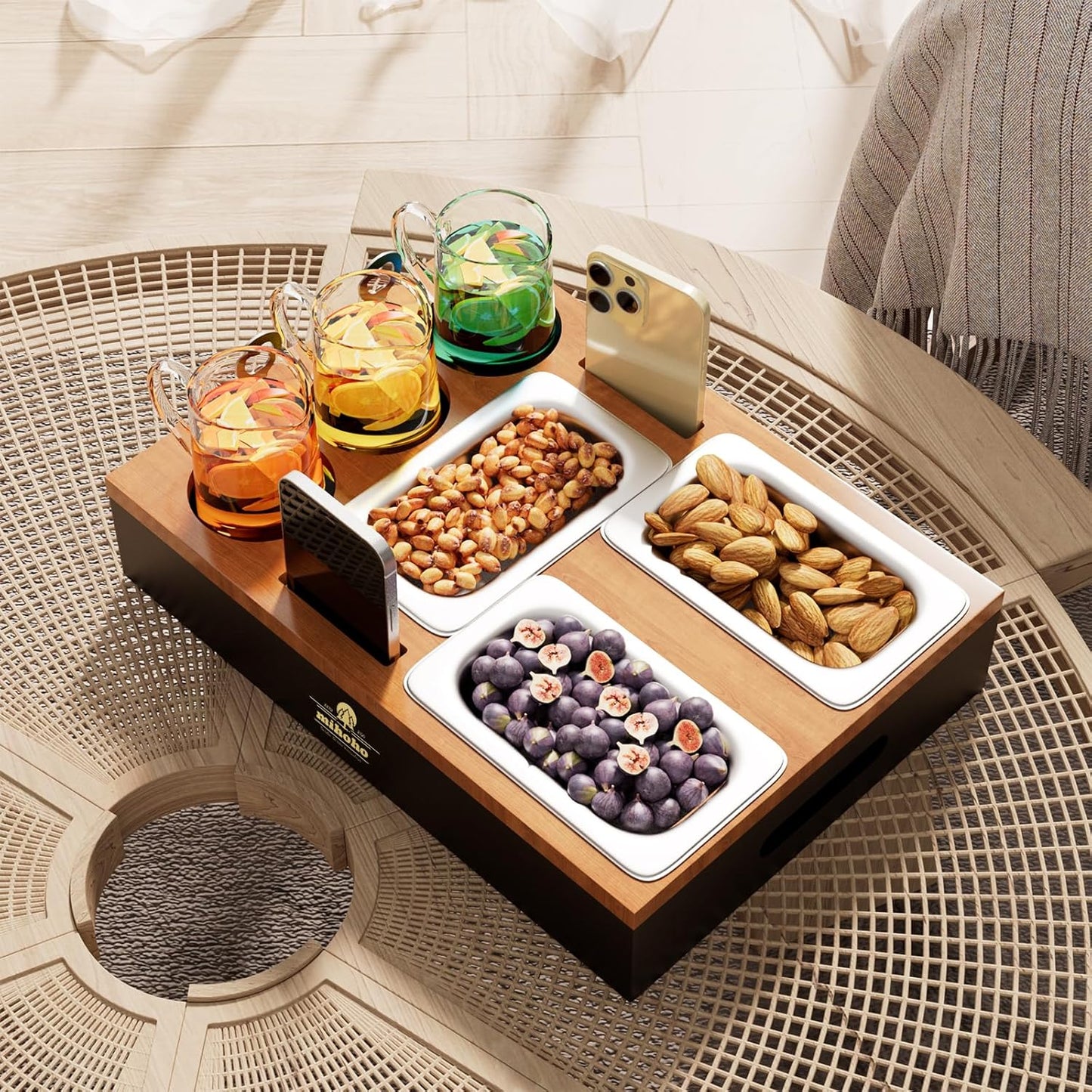 Sofa Organizer mit Snackschalen und Ablagen, Holzfarbe