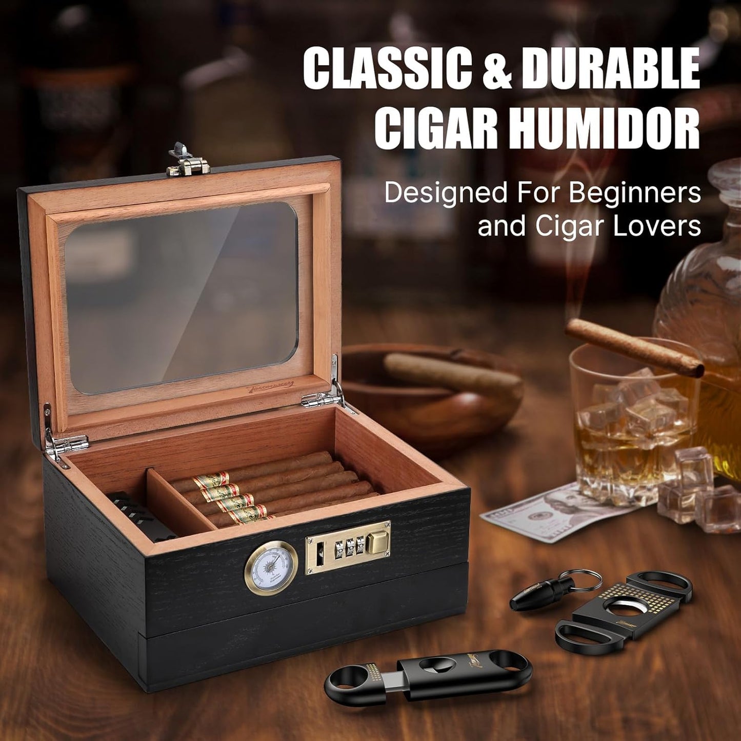 Zigarren-Humidor mit Glasdeckel und Zubehörschublade