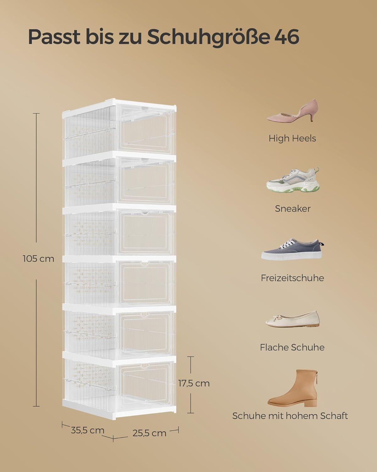 Schuhschrank mit 6 faltbaren Schuhboxen, Transparent + Wolkenweiß 1