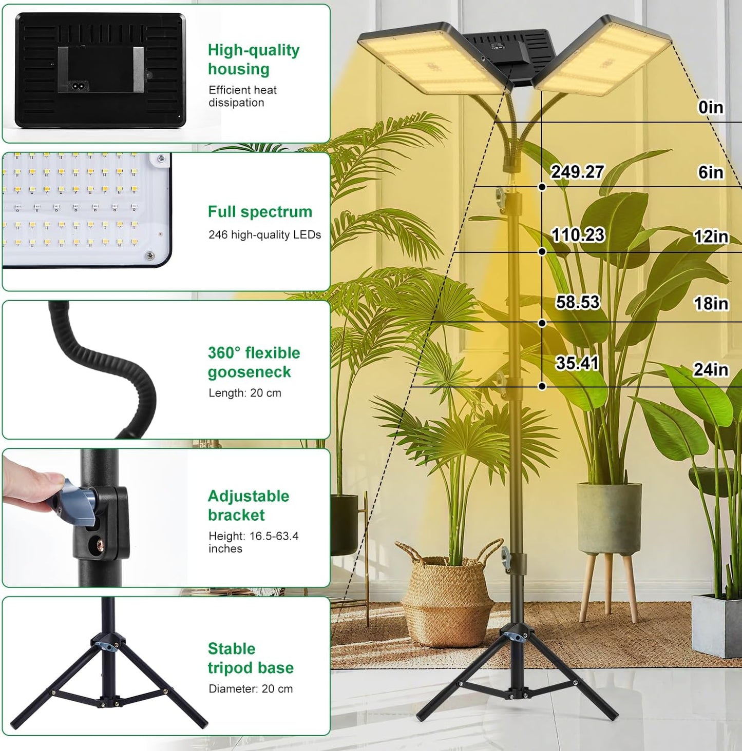 LED-Pflanzenlampe mit Ständer und Timer, 3 Köpfe mit Ständer